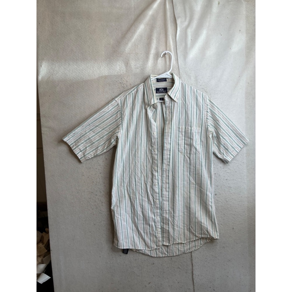 Stafford Mens Short Sleeve Button Down Shirt X-Tall 15.5 Striped Oxford USA Made
